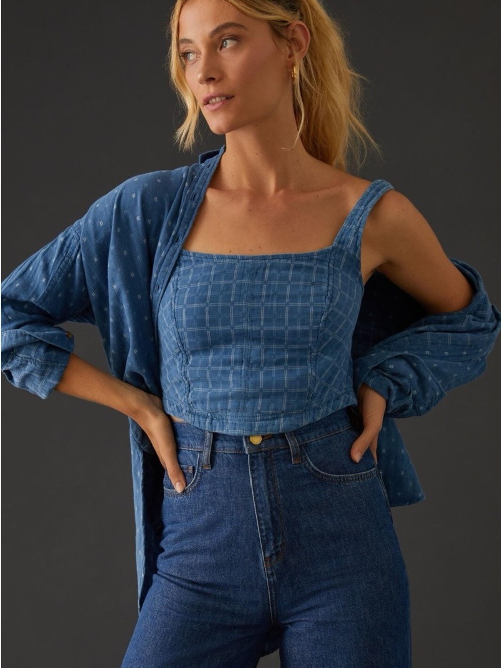 Pilcro Cotton Corset Tank BLUE Check Printed Smocked Cropped Top size XXS